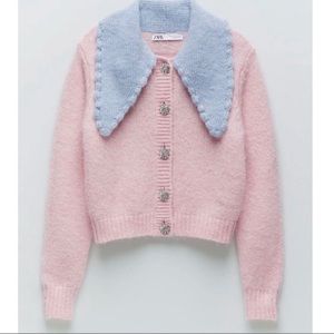 Zara pink and blue Peter pan collared sweater with jewel buttons